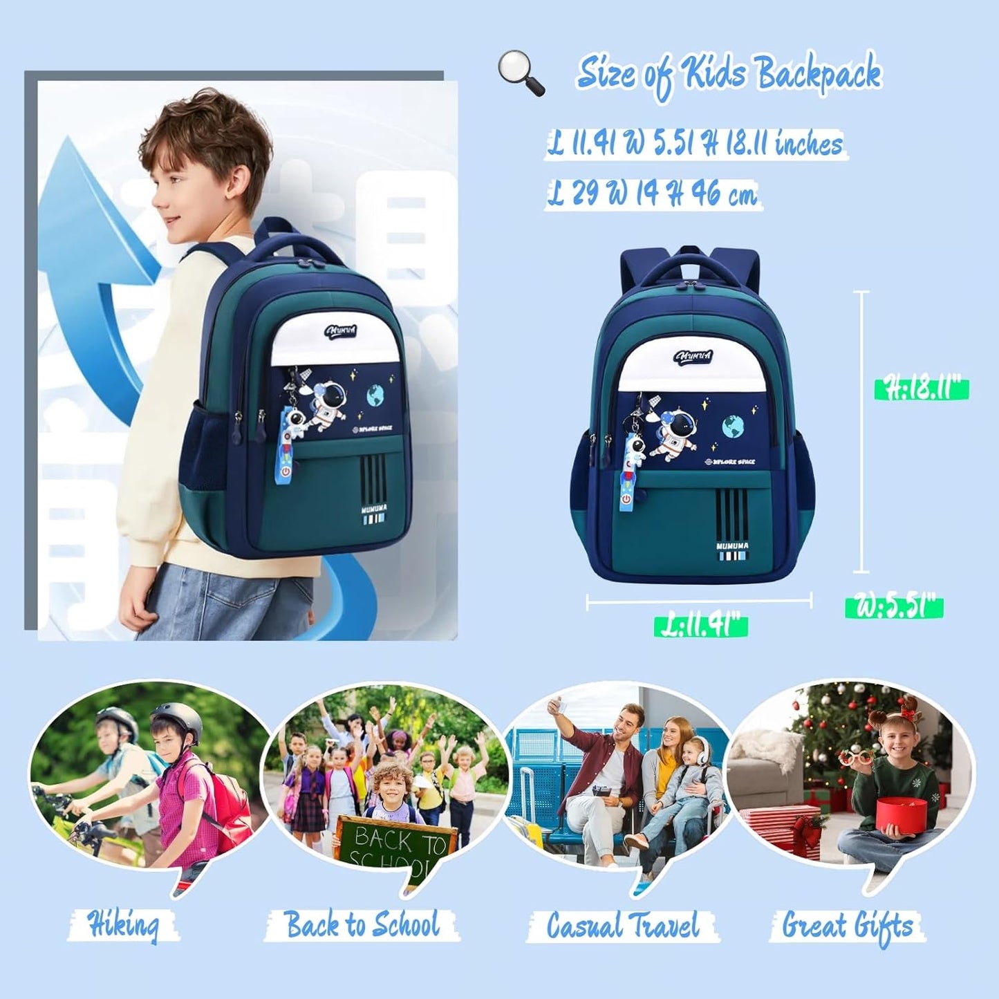 Astronaut-space Backpack for Boys-Girls Elementary Middle School Bookbag Backpack for Girls Kids Lightweight Back Pack Blue-green