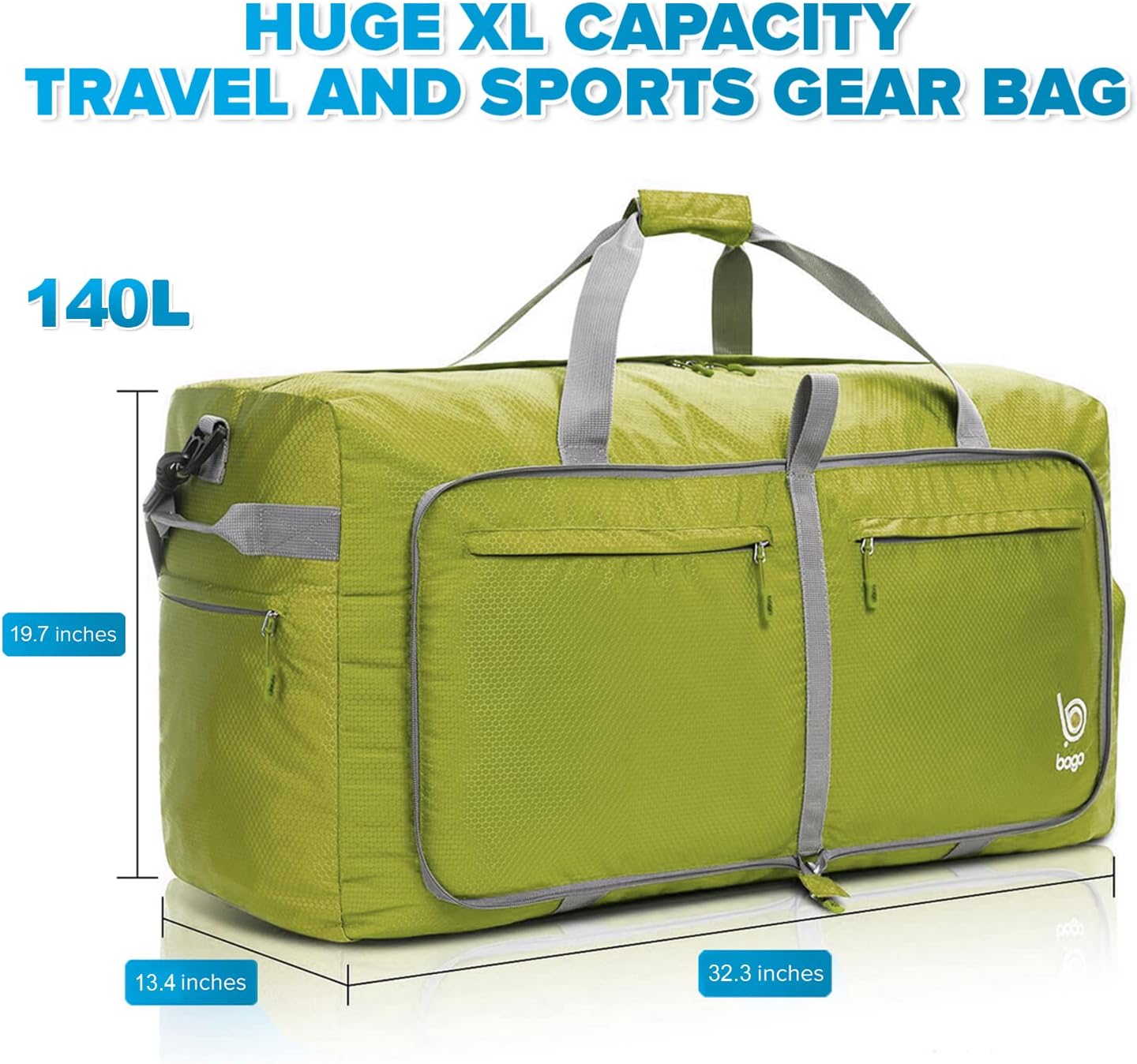 Bago Big XXL Foldable Duffel Bags for Traveling Women & Men - 140L Packable Duffle Bag for Travel with Shoe Compartment - Water Repellant, Heavy Duty, Lightweight Folding & Collapsible (Green)