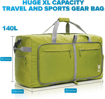 Bago Big XXL Foldable Duffel Bags for Traveling Women & Men - 140L Packable Duffle Bag for Travel with Shoe Compartment - Water Repellant, Heavy Duty, Lightweight Folding & Collapsible (Green)