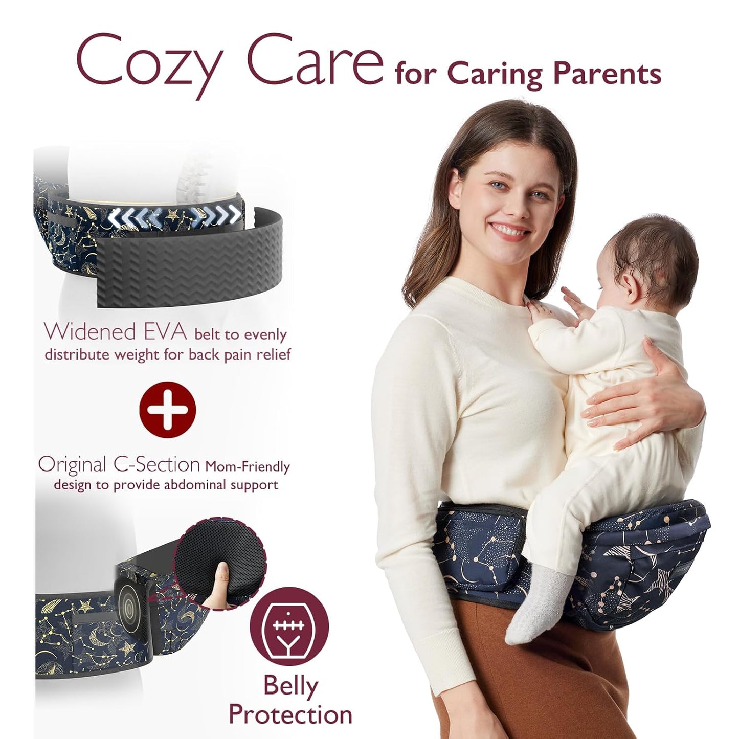Momcozy Hip Seat Baby Carrier - Adjustable Waistband with Original 3D Belly Protector, Ergonomic Carrier with Various Pockets for Newborns & Toddlers up to 45lbs (Starry Sky, Medium)