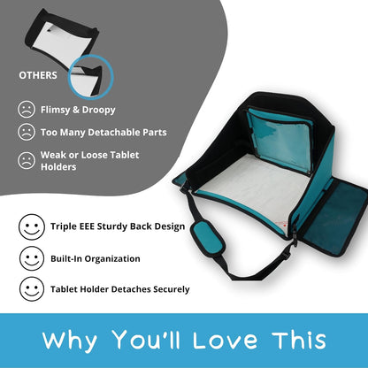 Kids Travel Tray for Car Seat – Teal – The Essential Travel Lap Desk with Removable Tablet Holder, Built-In Storage, and Stabilized Panels, Must Have Car Tray for Kids on Road Trips