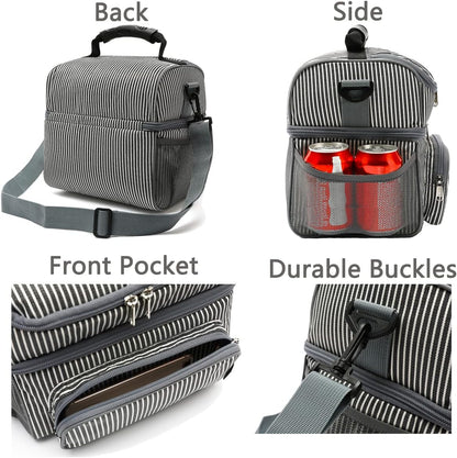 FlowFly Double Layer Cooler Insulated Lunch Bag Adult Lunch Box Large Tote Bag for Men, Women, With Adjustable Strap,Front Pocket and Dual Large Mesh Side Pockets