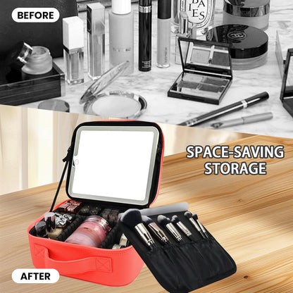 Travel Makeup Bag with LED Mirror and Light Travel Makeup Case Cosmetic Organizer Portable Cosmetic Brush Organizer Bag with Adjustable Dividers for Cosmetics Makeup Brushes Toiletry (Red)