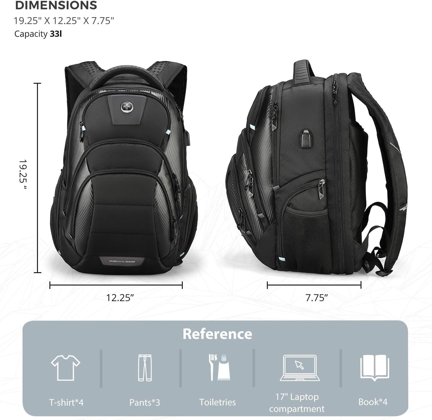 Swissdigital Design TSA Business Laptop Backpack for Men, Large Capacity Travel Backpack with Apple Find My Network and USB Charging Port Tech Backpacks Fits 17 Inch Computer Black| SD1643FB-01