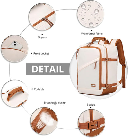 Kono Carry on Backpack, 16" Airplane Approved Under Seat Travel Backpack for Men and Women, Waterproof Lightweight Daypack for Flight 20L, White/Brown