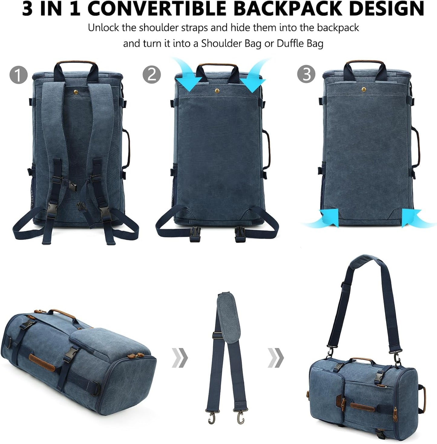 G-FAVOR 40L Travel Backpack, Vintage Canvas Rucksack Convertible Duffel Bag Carry On Backpack Fit for 17.3 Inch Laptop Bag, Blue