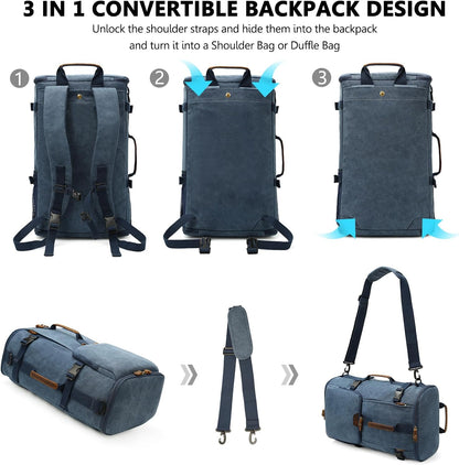 G-FAVOR 40L Travel Backpack, Vintage Canvas Rucksack Convertible Duffel Bag Carry On Backpack Fit for 17.3 Inch Laptop Bag, Blue