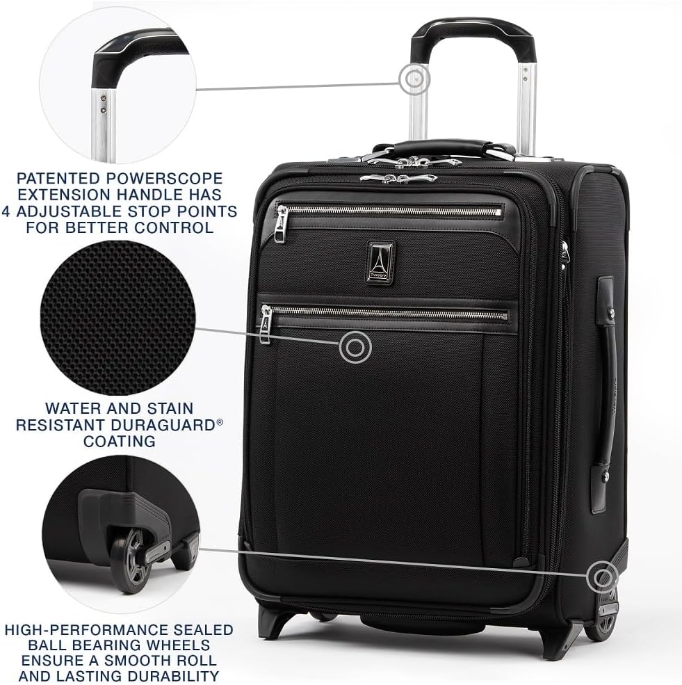Travelpro Platinum Elite Softside Expandable Carry on Luggage, 2 Wheel Upright Suitcase, USB Port, Men and Women, International, Shadow Black, Carry On 20-Inch