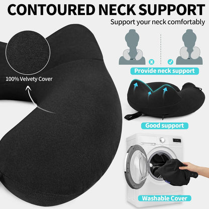 Inflatable Travel Neck Pillow for Airplane, Head Support Velvet Adult Neck Pillow for Long Flight, Kit with Eye Mask, Earplugs and Storage Bag,1, Black