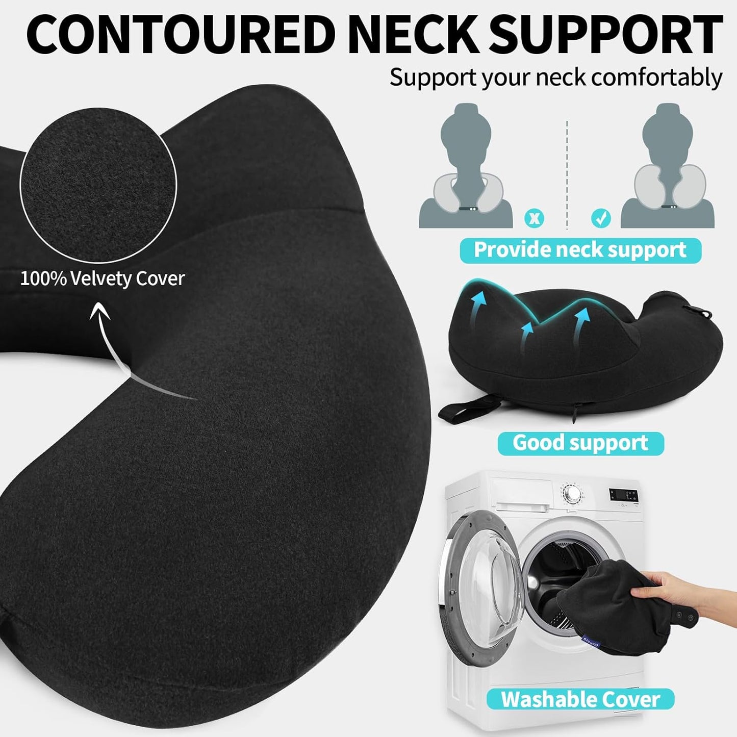 2 Pack Inflatable Travel Neck Pillows for Airplanes, Head Support Velvet Adult Neck Pillows for Long Flight, Kit with Eye Mask, Earplugs and Storage Bag, 2, Black