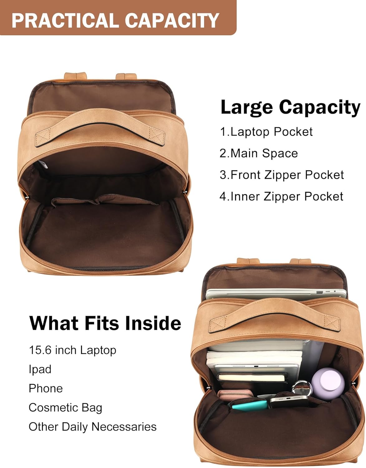 MASINTOR 15.6 inch PU Leather Laptop Backpack Purse for Women, Large College Casual Backpack Travel Bag Retro Camel