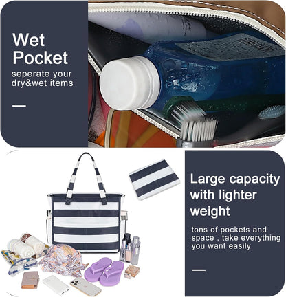 Waterproof Beach Tote Pool Bags for Women Ladies Extra Large Gym Tote Carry On Bag With Wet Compartment for Weekender Travel