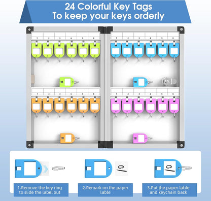 24 Slots Key Box Wall Mount with Code, Key Lock Box with Combination, Key Storage Box with Key Hooks & Tags & Lables, 8.45" x 2.55" x 13" (Black-Code Lock, 24 Keys)