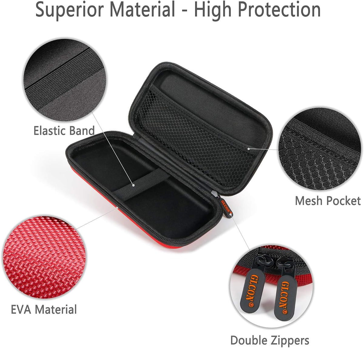 External Hard Drive Case - GLCON Shockproof EVA Carrying Case for WD My Passport Element Seagate Expansion Backup Toshiba 1TB 2TB 4TB - High Protection Portable Travel Electronic Power Bank Bag (Red)