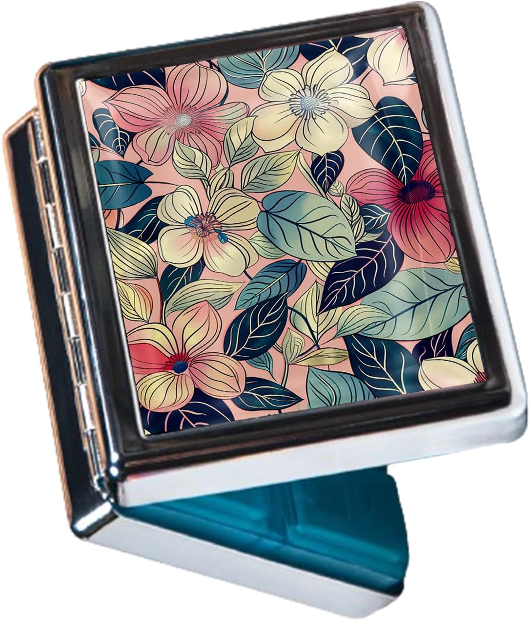 8‑Compartment Metal Pill Box Organizer – Portable Medicine Case 3″×2.6″ | Food‑Grade Dividers | Secure Snap Button Lid | Travel & Gift for Seniors (Blush Botanical Harmony)