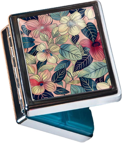 8‑Compartment Metal Pill Box Organizer – Portable Medicine Case 3″×2.6″ | Food‑Grade Dividers | Secure Snap Button Lid | Travel & Gift for Seniors (Blush Botanical Harmony)
