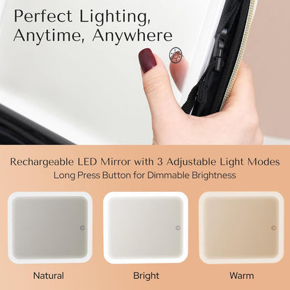 Makeup Bag with LED Mirror – Travel Cosmetic Organizer with Lighted Mirror, Adjustable Dividers & Brush Holder Storage – Portable PU Leather Makeup Case for Women & Girls - Pink