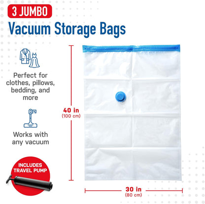 Spacesaver 3 Pack Jumbo Vacuum Storage Bags - 40" x 30 Heavy Duty Blanket Storage Bag with Pump - Space Saver for Clothes, Comforters, and Bedding - Compression Bags to Store Blankets for Travel