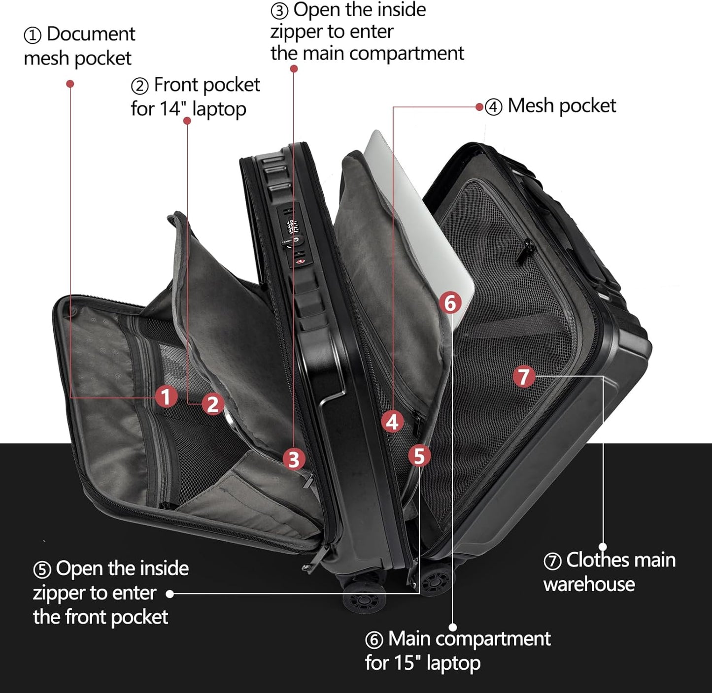 TydeCkare 16" Carry on Luggage with 2 Laptop Compartments, Lightweight Hardshell ABS+PC Suitcase with Dual Control TSA Lock, with YKK Zipper, 4 Spinner Silent Wheels, for Business Travel, Black