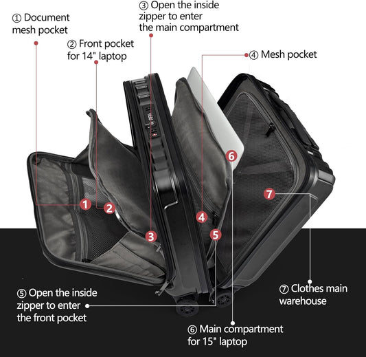 TydeCkare 16" Carry on Luggage with 2 Laptop Compartments, Lightweight Hardshell ABS+PC Suitcase with Dual Control TSA Lock, with YKK Zipper, 4 Spinner Silent Wheels, for Business Travel, Black
