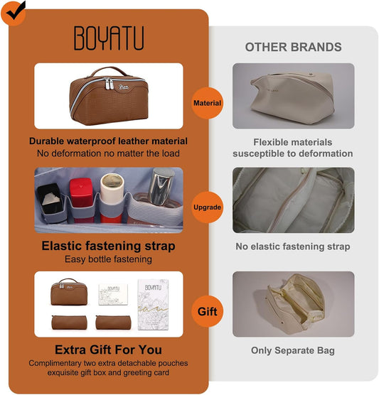 Travel Makeup Bag Organizer Cosmetic Bag: 3 Pcs Set Make up Bags for Women with Handle - Waterproof Vegan Leather Toiletry Bags with Comparments (C-03-Brown)