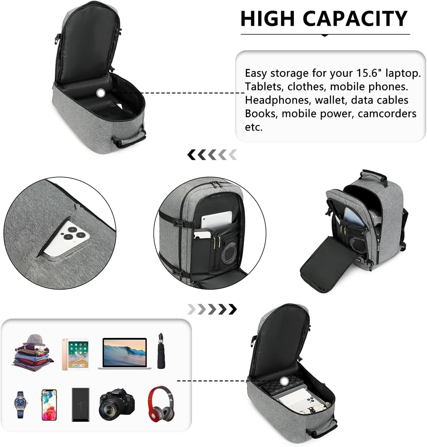 Kono Carry on Backpack, 16" Airplane Approved Under Seat Travel Backpack for Men and Women, Waterproof Lightweight Daypack for Flight 20L (Grey, Small)