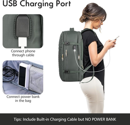 MOMUVO Large Travel Backpack Women, Flight Approved Carry On Backpack, Water Resistant Anti-Theft Large Casual Daypack Fit 17 Inch Laptop with USB Charging Port, Olive Green