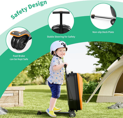 Scooter Hardshell Kids' Luggage, Foldable Carry on Kids Suitcase with Telescopic Handle for Travel, Multifunctional Ride On Lightweight Luggage with Wheels, Vitality Orange