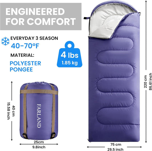 FARLAND Sleeping Bags 30℉ for Adults Teens Kids with Compression Sack Portable and Lightweight for 3-4 Season Camping, Hiking,Waterproof, Backpacking and Outdoors