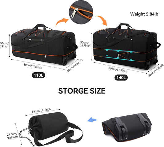 110L/140L Expandable Soft-Sided Foldable Duffle Bag with 2 Rubber Wheels,Packable 32” Rolling Carry-On with Multi-Pockets & Compartments,Black Orange