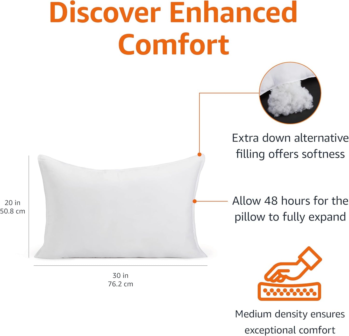 Amazon Basics Down Alternative Bed Pillow, Medium Density for Back and Side Sleepers, Queen - Pack of 2, White, 30 in L x 20 in W