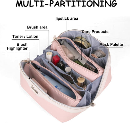 BOYATU Travel Makeup Bag Organizer Cosmetic Bag: 3 Pcs Set Make up Bags for Women with Handle - Waterproof Vegan Leather Toiletry Bags with Comparments (D-04-Pink)