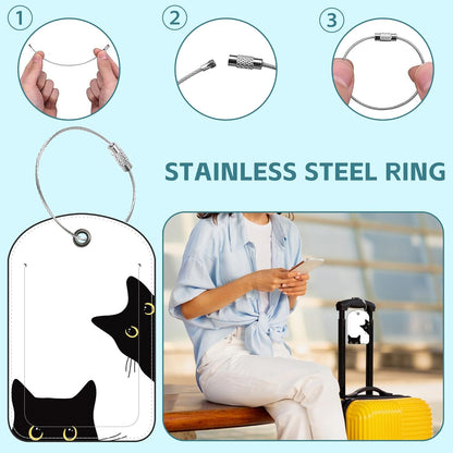 Cute Black Cat Luggage Tag for Suitcase Set of 2 PU Leather Cute Luggage Tags with Stainless Metal Loop ID Label Privacy Flap Suitcase Tags for Women and Men Travel