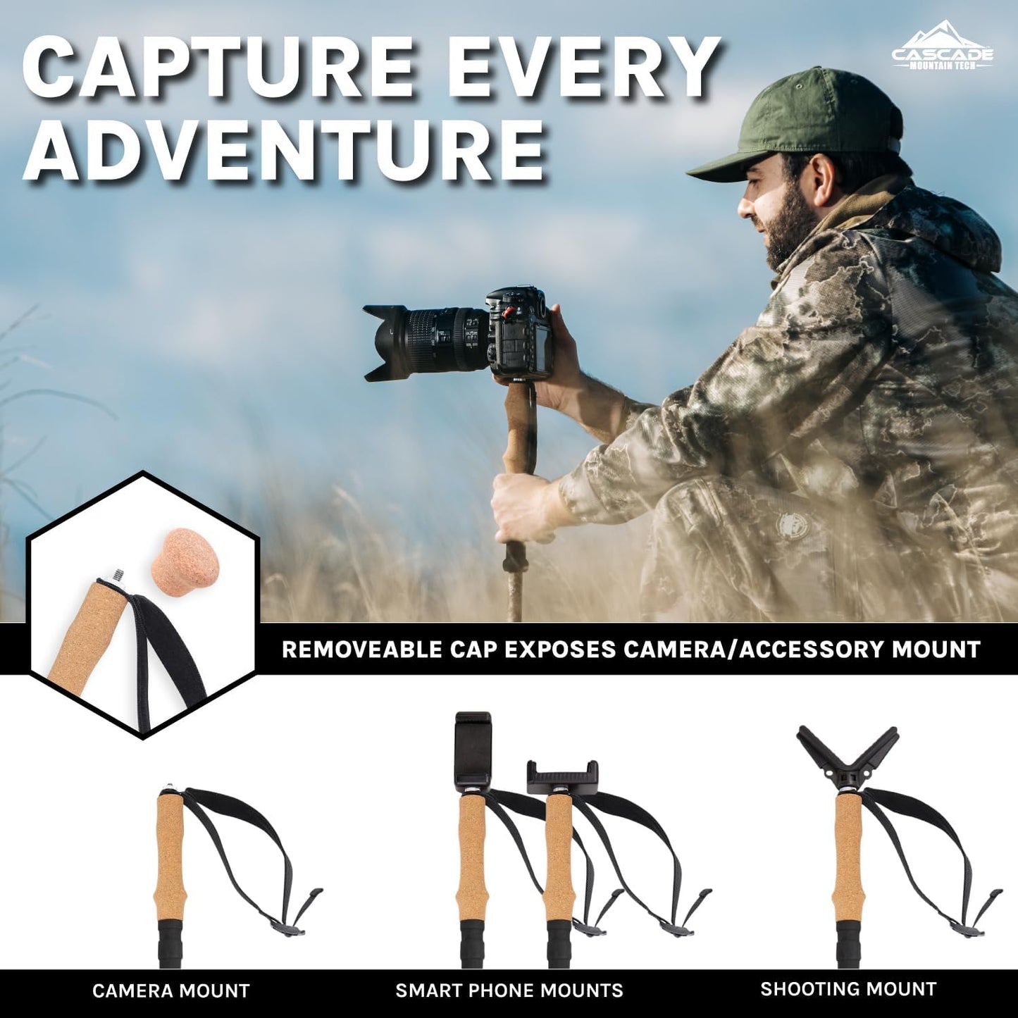 Cascade Mountain Tech Trekking Poles - Carbon Fiber Monopod Walking or Hiking Sticks with with Accessories Mount and Adjustable Quick Locks