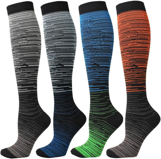 Kickticks 4 Pairs Compression Socks for Woman & Man Unisex 20-30mmHg Knee high Plus Size Wide Calves for Flying Running…