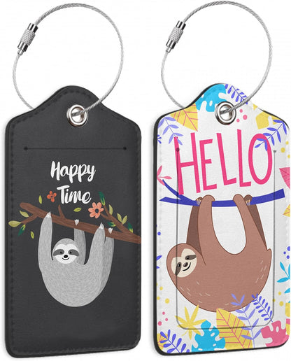 Set of 2 Funny Sloth,Happy Time Cartoon Animal Luggage Tags for Suitcases, Cute Sloth, Colorful Tropical Leaves Leather Suitcase Tag Name Identifiers Labels for Travel Bag Baggage Backpack