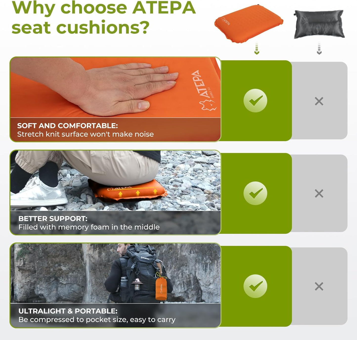 ATEPA Inflatable Stadium Seat Cushion, Self-Inflating Memory Foam Stadium Seats Bleacher Seat Chair Cushion Pad for Airplane Travel Backpacking Sports Events