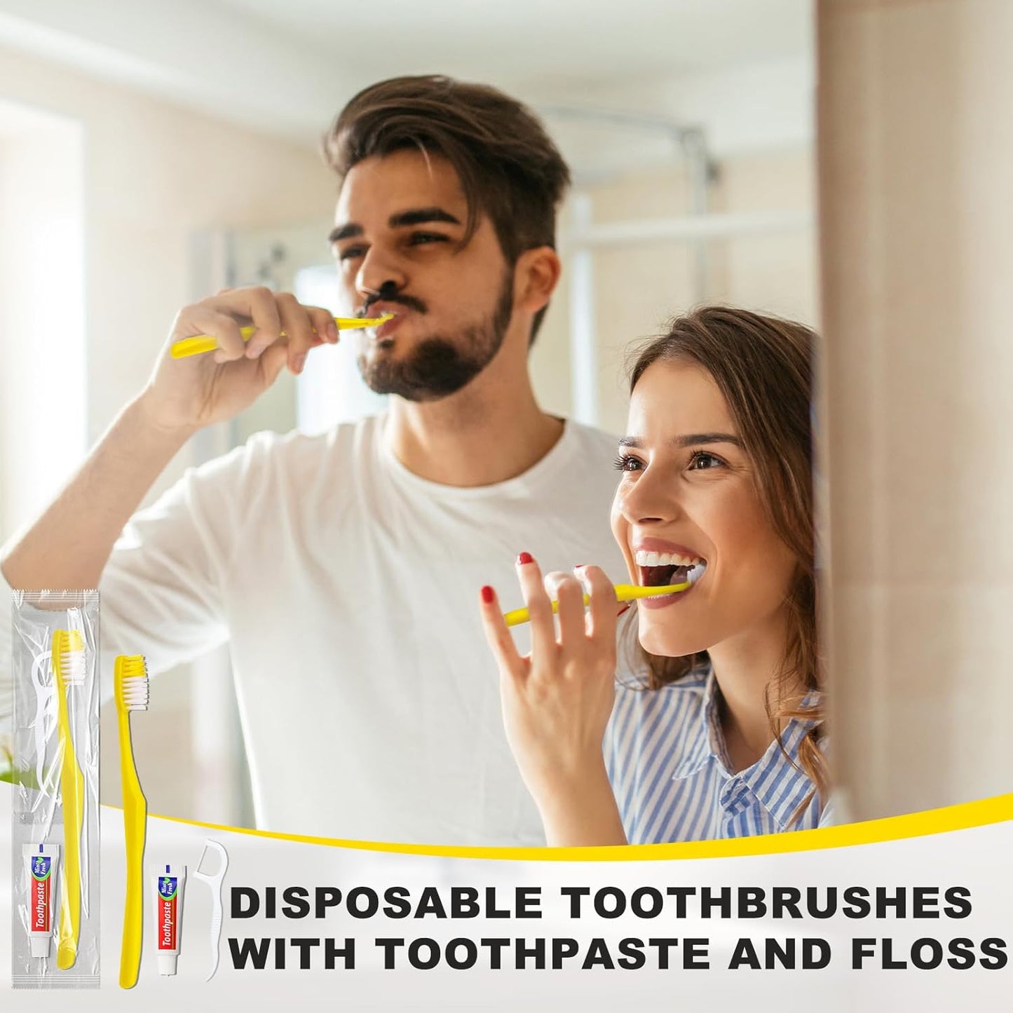 30pcs Disposable Toothbrushes with Toothpaste and Floss,Yellow Bulk Single Use Toothbrush Floss Pick Individually Wrapped Disposable Travel Toothbrushes Kit for Homeless,Airbnb,Hotel,Guest