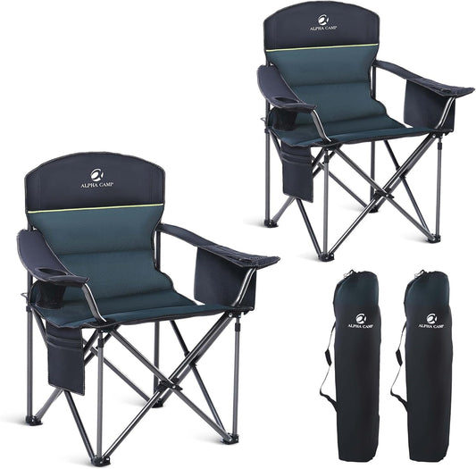 LET'S CAMP Oversized Folding Camping Chair Portable Outdoor Heavy Duty Padded Chairs Lawn Chair with Cup Holder, Storage Pocket and Cooler Bag, Supports 450LBS, for Camp, Travel, Picnic,2 Pack(Green)