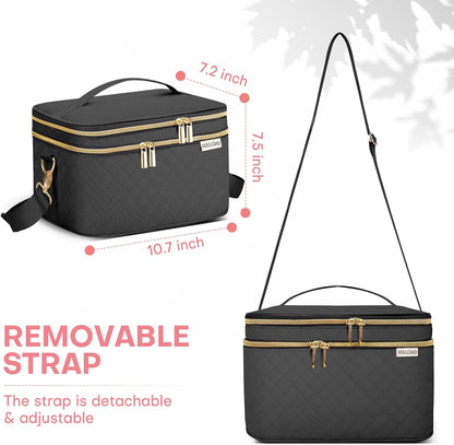 Double Layer Travel Makeup Bag Women, Cosmetic Organizer Case, Travel Essentials Accessories with Shoulder Strap for Bottles, Brushes, Conditioner, Skin Care Products, Black