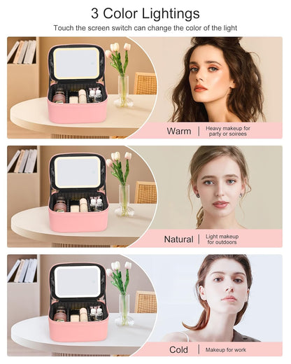 Makeup Bag With LED Mirror, Travel Makeup Bag With 3 Color Setting Light Up Mirror Cosmetic Makeup Organizer Vanity Case for Women Beauty Tools Accessories Rechargeable Makeup Travel Bag - Pink