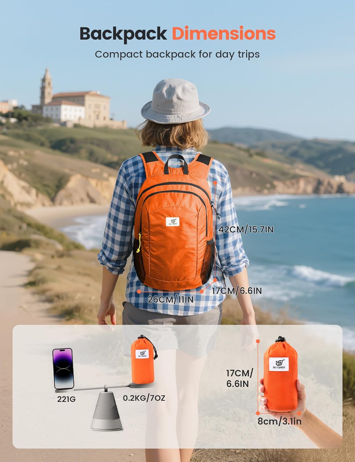 SKYSPER 16L Hiking Backpack Lightweight Small for Women Men, Foldable Packable Daypack - Travel Camping Backpack, Outdoor Hiking Bag