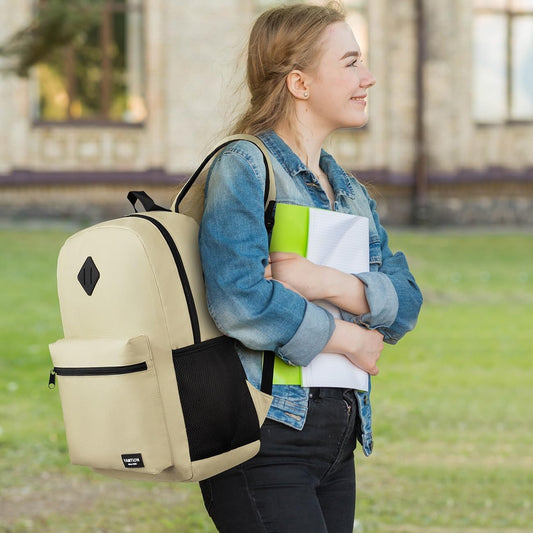 School Backpack,Unisex Classic Bookbag Teens Schoolbag with USB Port for High School College Office Work Travel, 15.6 inch, Beige