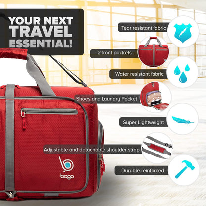 Bago Foldable Duffel Bags for Traveling Women & Men - 40L Sports Packable Duffle Bag for Travel with Shoe Compartment - Water Repellant, Heavy Duty, Lightweight Folding & Collapsible (Red)