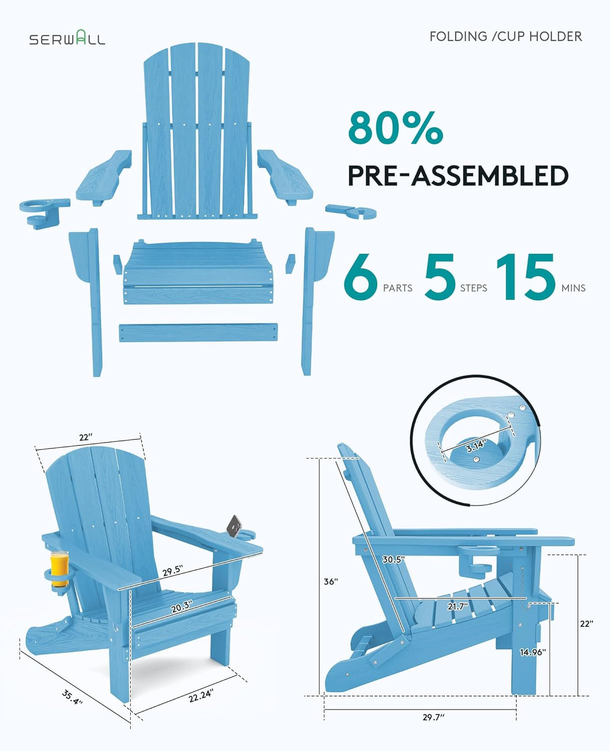 SERWALL Adirondack Chair with Cup Holders - Composite Adirondack Chairs HDPE Outdoor Chairs All Weather Use- Light Blue