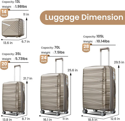 Campfun Luggage 4 Piece Sets, Expandable Carry On Luggage Set Hardshell PP, Suitcase Set with Double Spinner Wheels, Checked Durable Lightweight with TSA Lock, 14in 20in 24in 28in-Champagne(C)