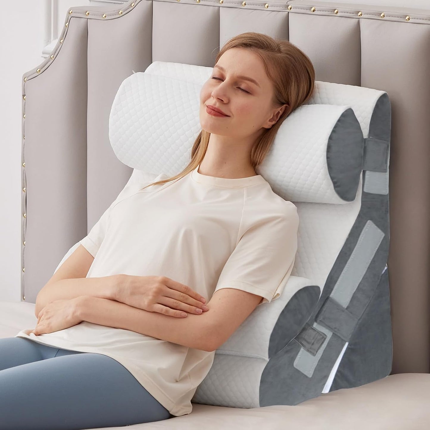 4PCS Bed Wedge Pillow for Headboard, Adjustable Wedge Pillow for Sleep Apnea, 23” Wide Triangle Pillow Wedge Set for After Surgery, Acid Reflux Relief, Snoring, Neck&Back Support, White/Grey