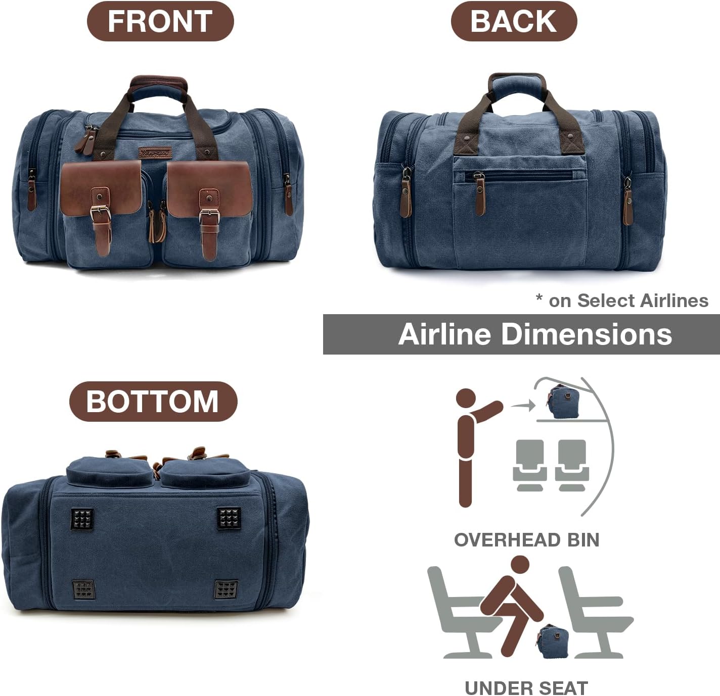 Wildroad 50L Travel Duffel Bag, Expandable Canvas Genuine Leather Duffle Bag Upgraded Overnight Weekender Carry on Bag (Navy Blue, Large-50L)