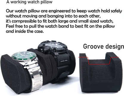 3 Slot Hard Watch Travel Case, Watch Roll Case Storage and Organizer for Men and Women, with anti-move watch pillow (Black fabric 3Slots)
