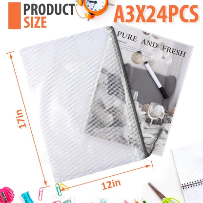 24pcs Mesh Zipper Pouch, Puzzle Storage Bags, A3 17x12 Inches Large Reusable Zipper Pouches for for Classroom Office Supplies Organizing, Extra Large Zipper Bags, Board Game Storage
